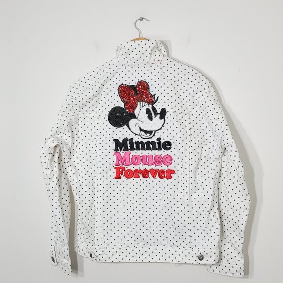 Disney Minnie Mouse Forever White Polka Dot Jean Jacket Sequin Back 100% Cotton - Picture 3 of 16
